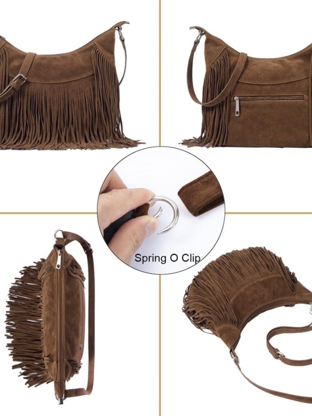 Women Fringe Hobo Bag Western Purse Shoulder Bag Vegan Suede Tassel Hippie Cross - Picture 4 of 6